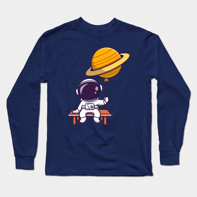 Cute Astronaut Sitting And Holding Planet Balloon Cartoon Long Sleeve T-Shirt by Catalyst Labs